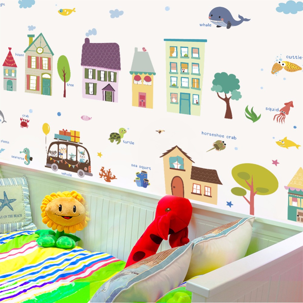 äο   DIY  ƼĿ ģȯ ڱ    Ȩ  ̼ ȭ /Colorful House Animals DIY Wall Sticker Eco friendly Self adhesive Wall Poster Home Decorativ